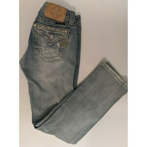 Miss Me Women's Jeans 26 Blue Signature Skinny Crop Distress Wash Embellish